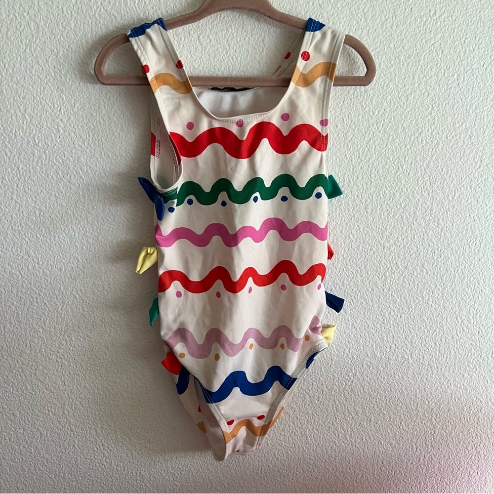 STELLA MCCARTNEY Kids Cream One-Piece Swimsuit with Multicolor Wave Stripes